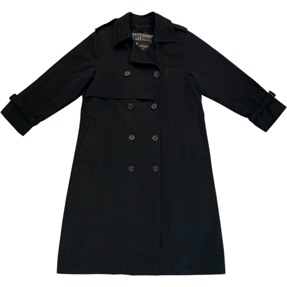 London Fog Black Trench Coat with Plaid Lining - Picture 2 of 7